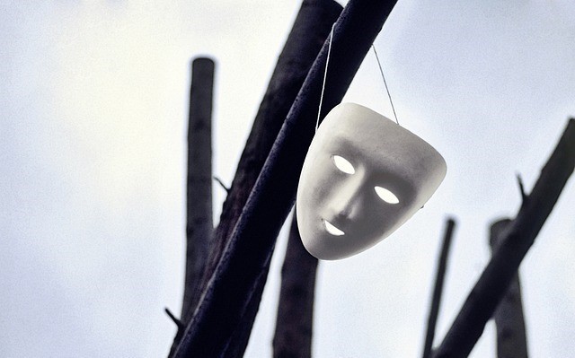 Maske in Zweigen hängend